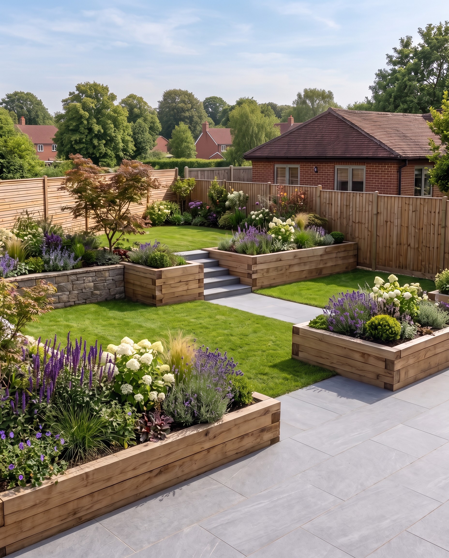 Modern rear garden with raised timber beds, lawn and porcelain paving