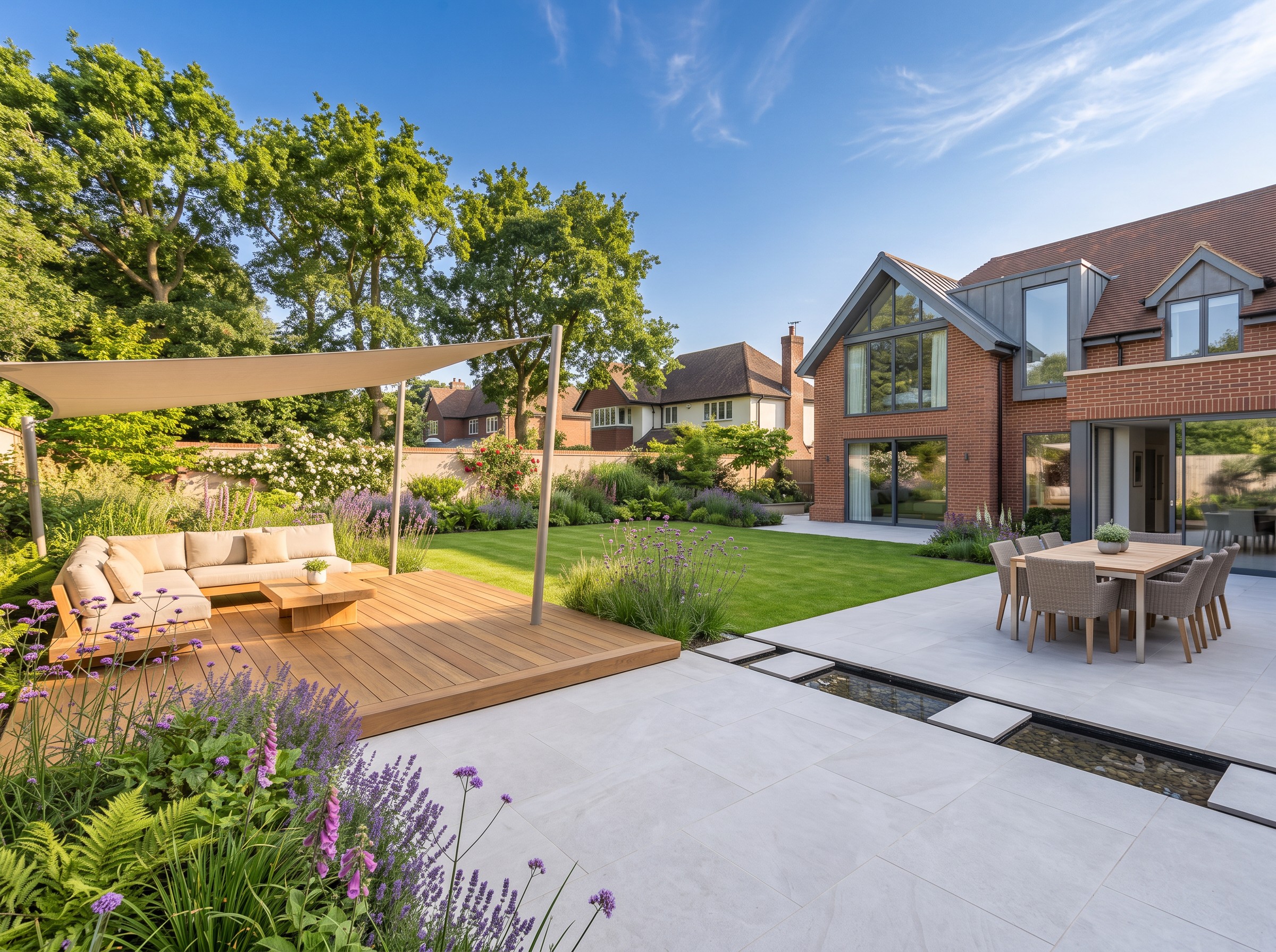 Oak decking and porcelain terrace – landscaping and groundwork inspiration